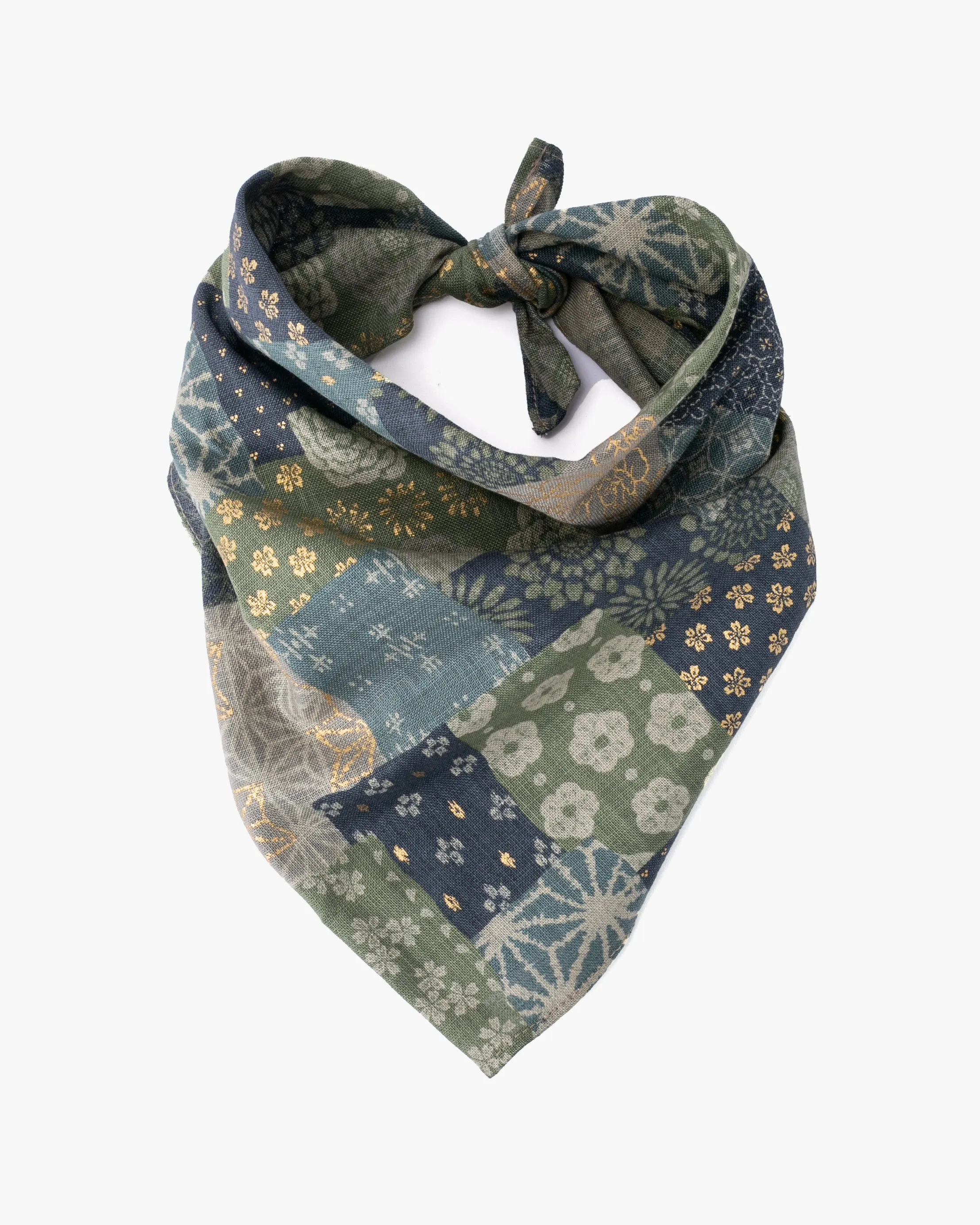 Kiriko Original Bandana, Classic, Patchwork Style, Sage and Gold sold by Kiriko