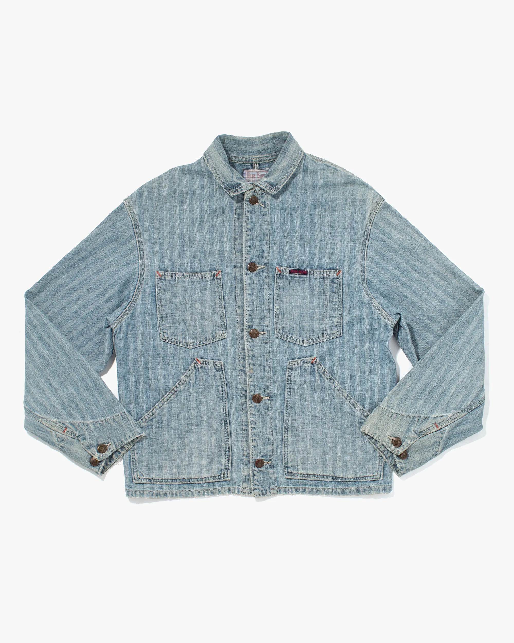 Japanese Repro Denim Chore Coat, Blue Blue, Striped Light Wash Denim - M sold by Kiriko
