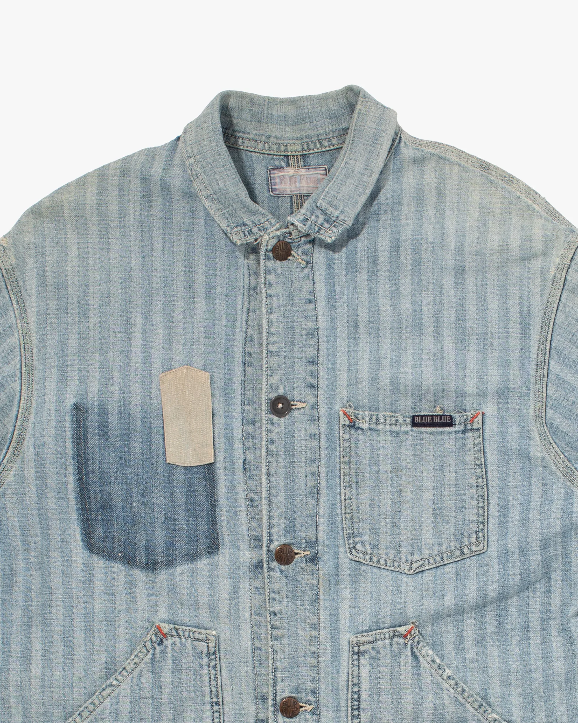 Japanese Repro Denim Chore Coat, Blue Blue, Striped Light Wash Denim with Patching- M sold by Kiriko product image thumbnail 2