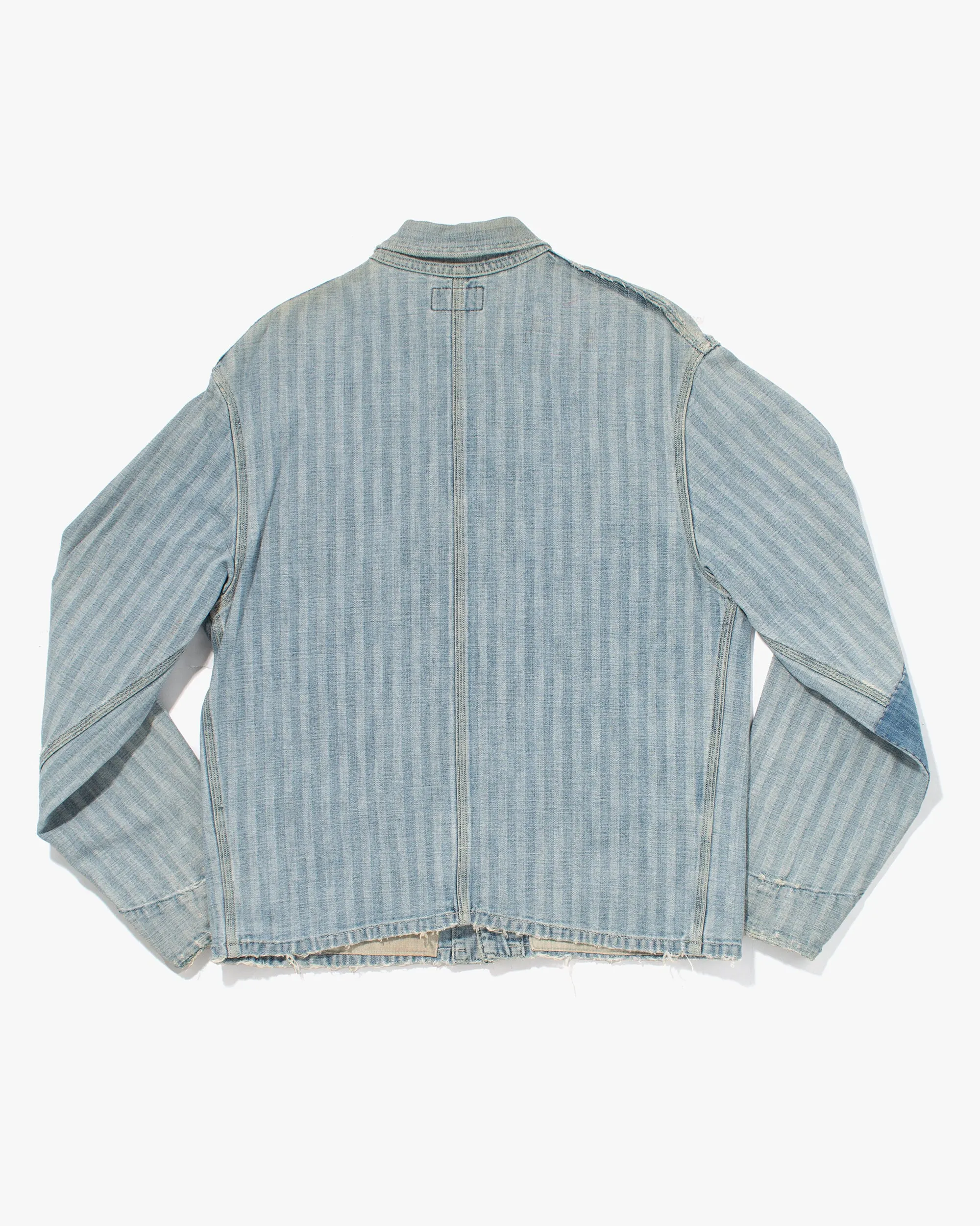 Japanese Repro Denim Chore Coat, Blue Blue, Striped Light Wash Denim with Patching- M sold by Kiriko product image thumbnail 4