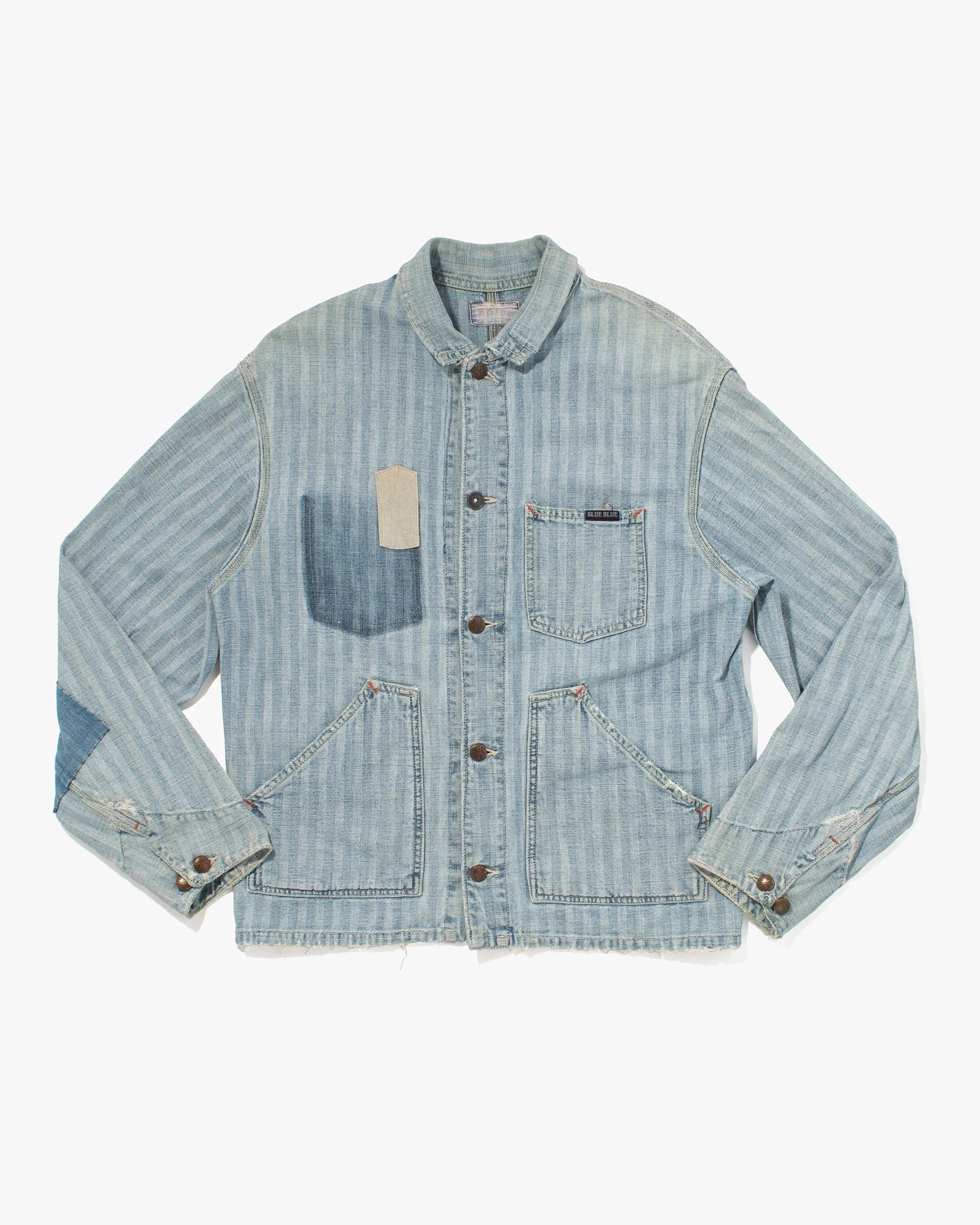 Japanese Repro Denim Chore Coat, Blue Blue, Striped Light Wash Denim with Patching- M sold by Kiriko