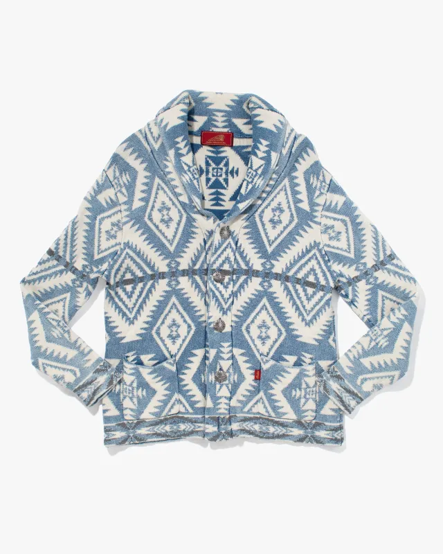 Japanese Repro Wool Coat, Indian Motorcycle Co., Blue and White Geometric - M sold by Kiriko