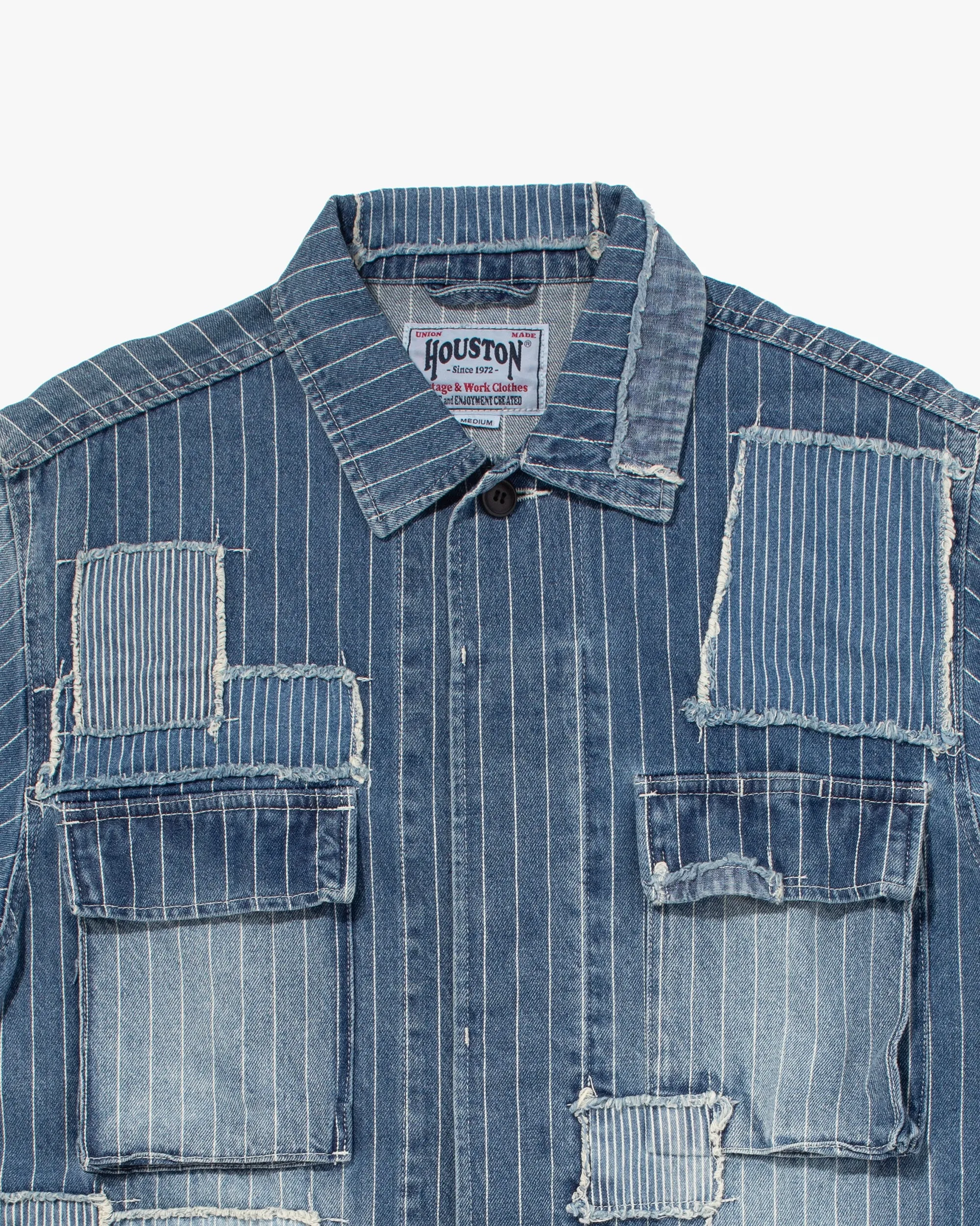 Japanese Repro Denim Chore Coat, Union Made, Pinstriped Patched Denim - M sold by Kiriko