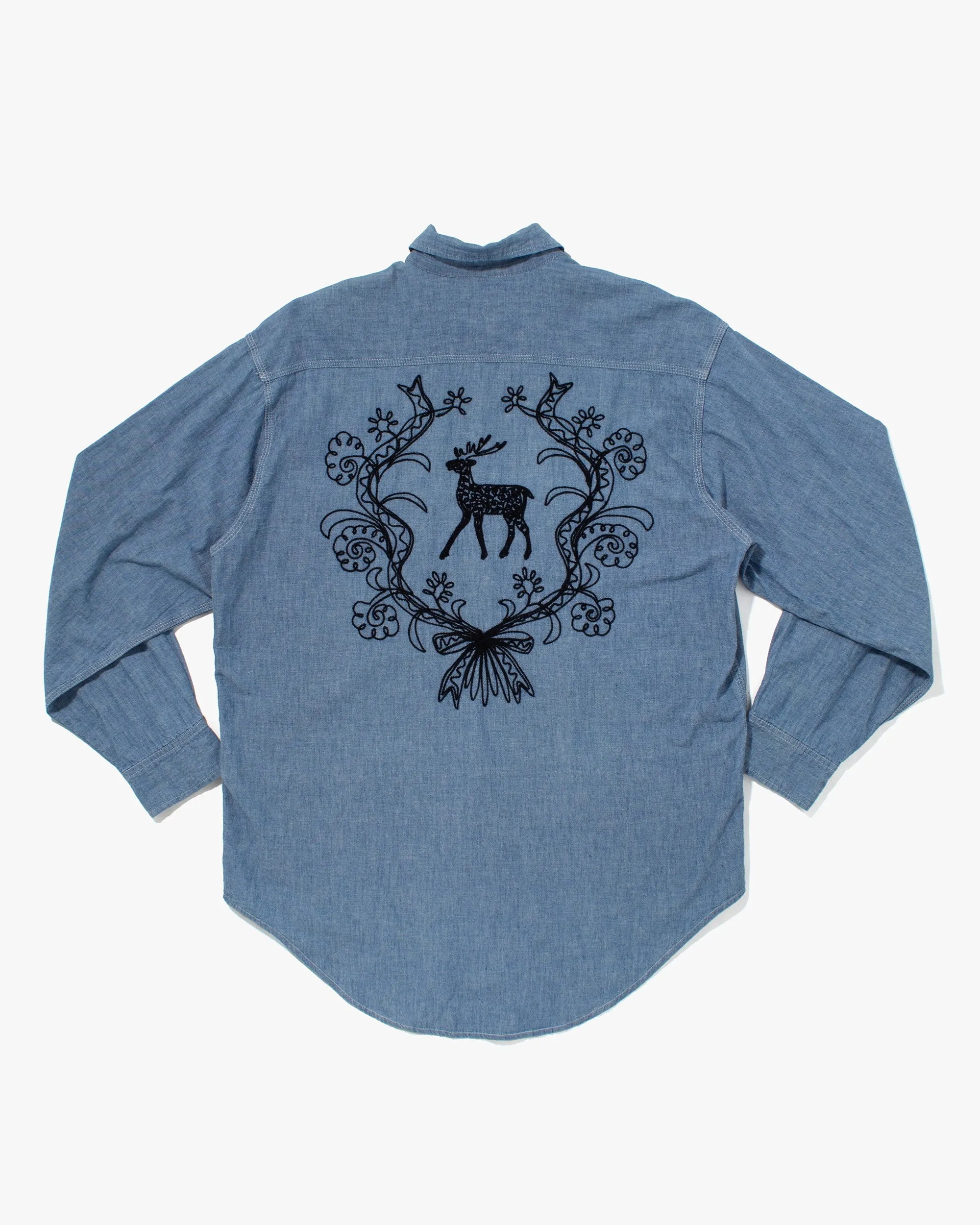 Japanese Repro Button Up Shirt, Blue Blue, Black Elk Embroidery - M sold by Kiriko