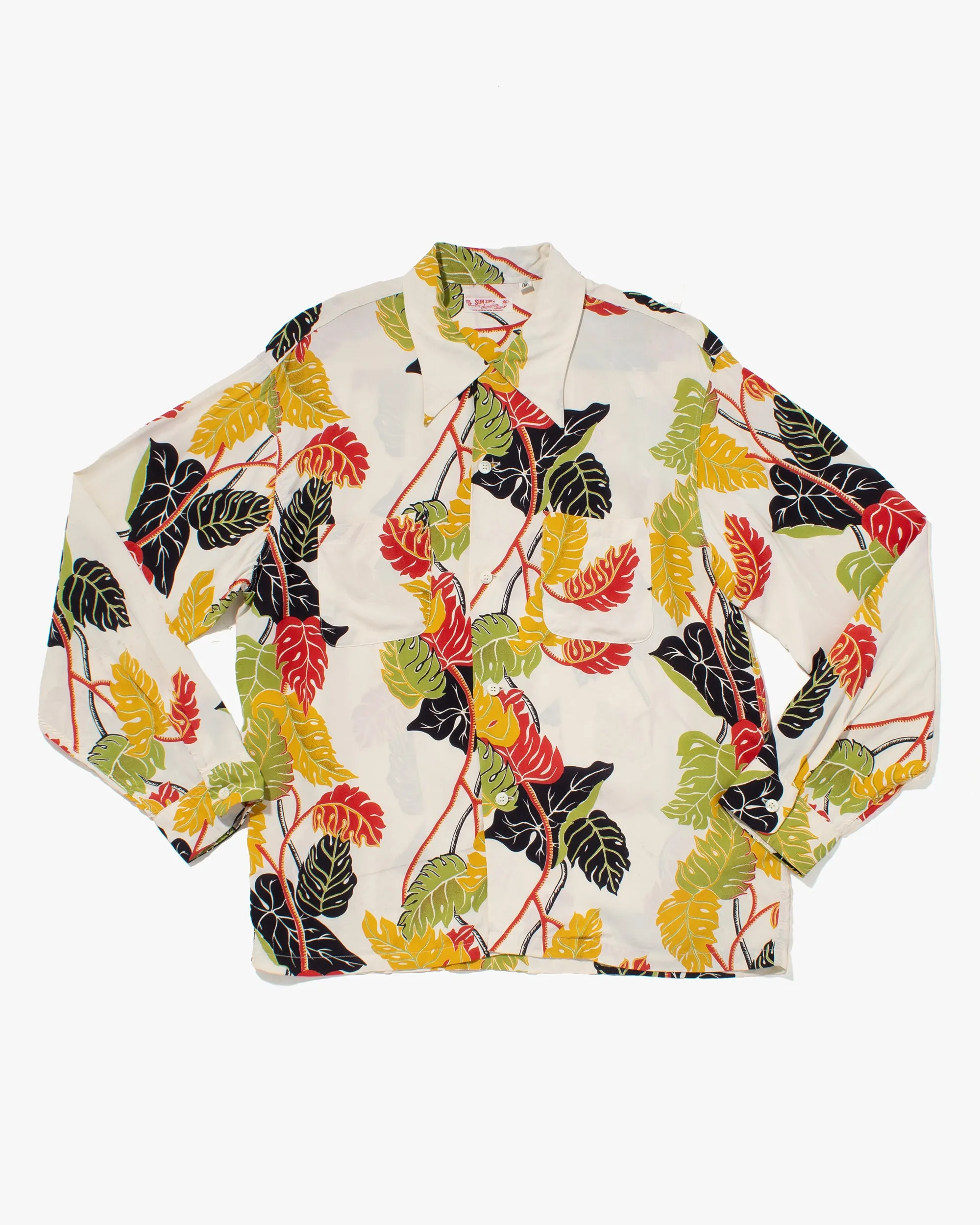 Japanese Repro, Long Sleeve Aloha Shirt, Sun Surf, White with Plant Leaves - M sold by Kiriko