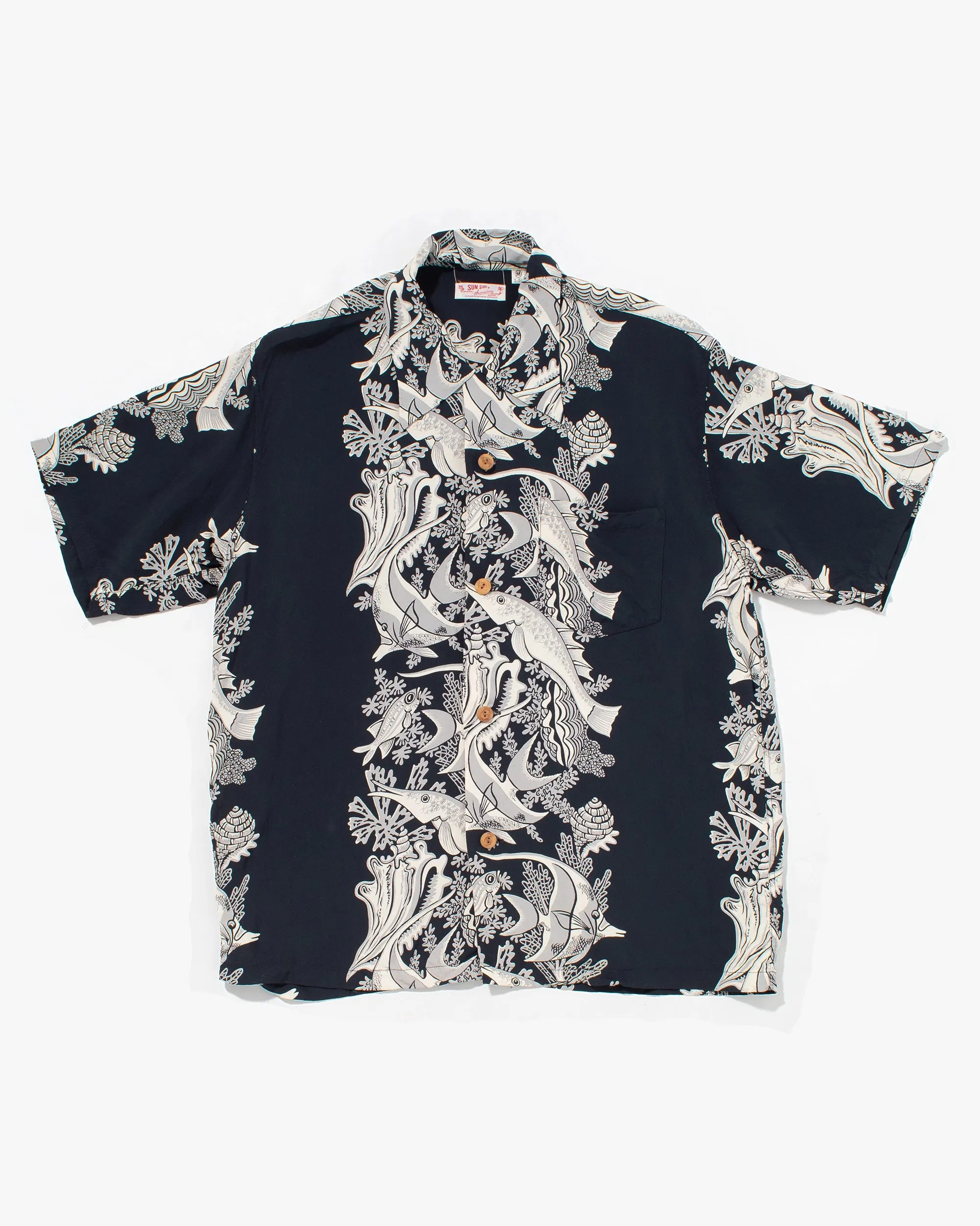 Japanese Repro, Short Sleeve Aloha Shirt, Sun Surf, Navy with Fish - M sold by Kiriko