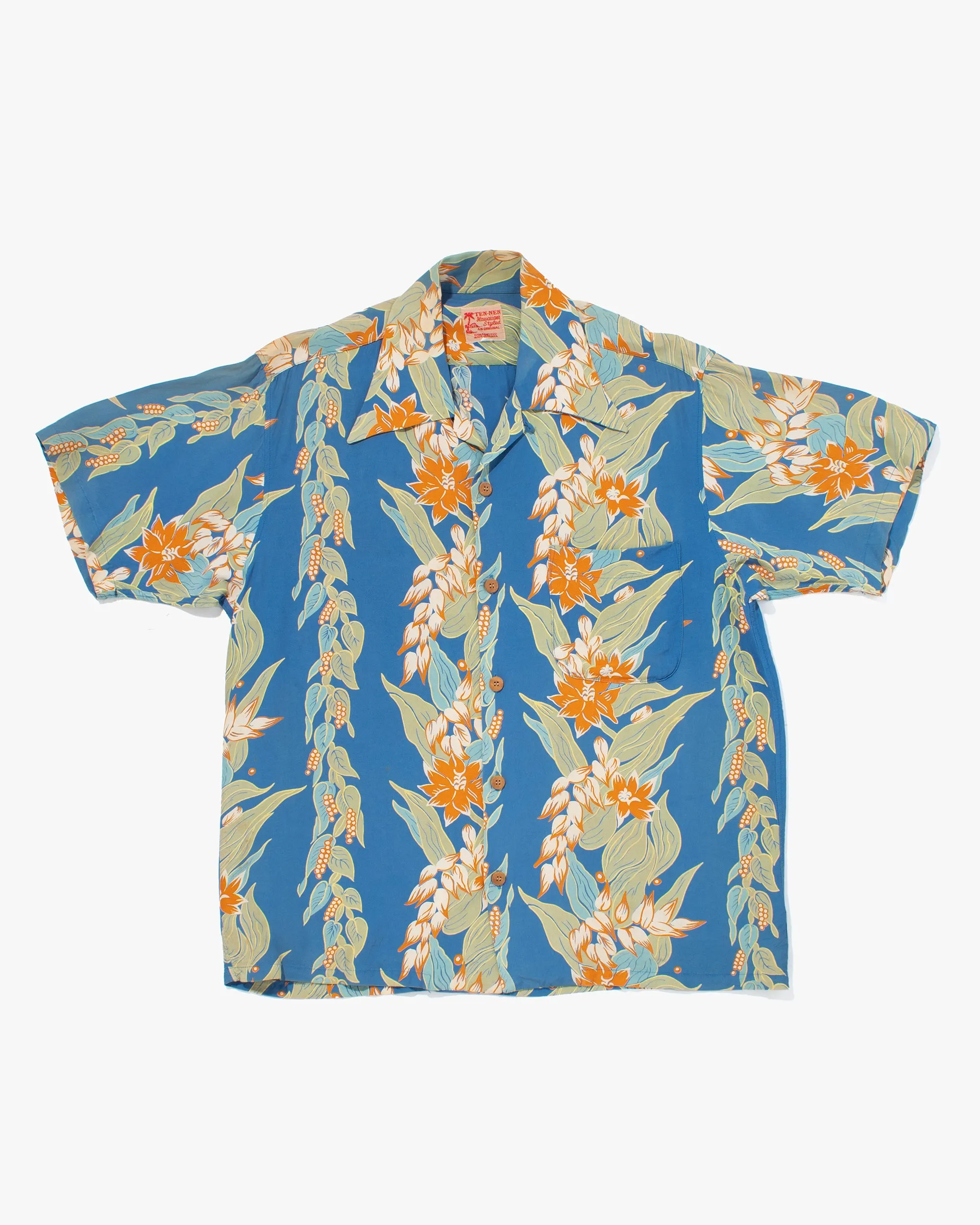 Japanese Repro, Short Sleeve Aloha Shirt, Ten-Nen, Blue with Orange Floral - M sold by Kiriko