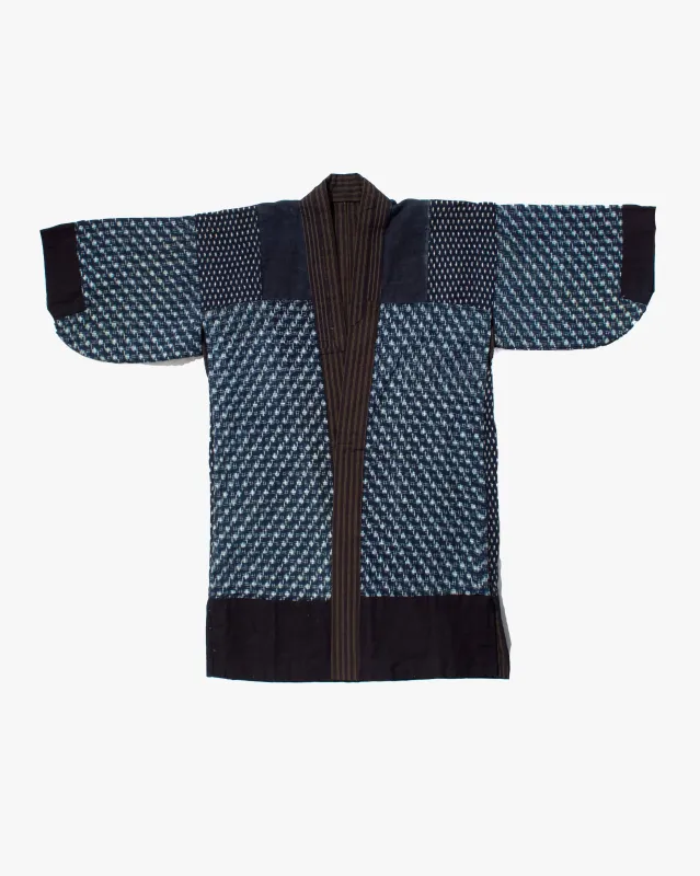 Vintage Noragi Jacket, Fully Sashiko Stitched, Yellow Stripe and Kasuri sold by Kiriko