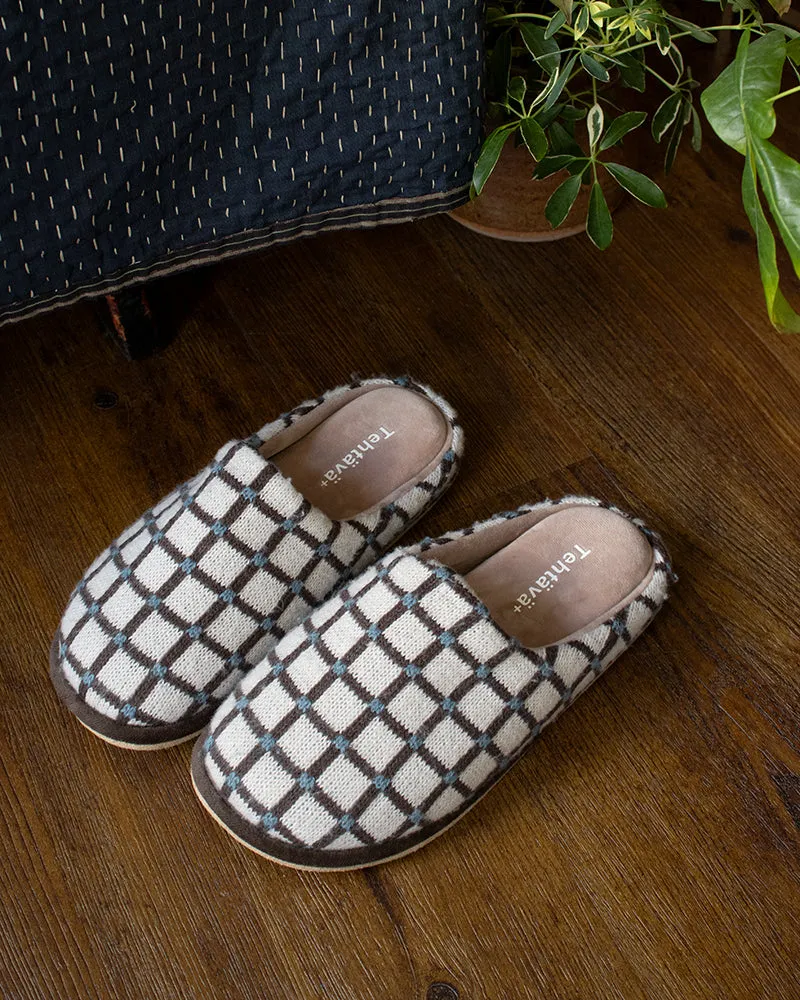 Slippers, Bisque, Tehtava, Grid Teal and Black sold by Kiriko