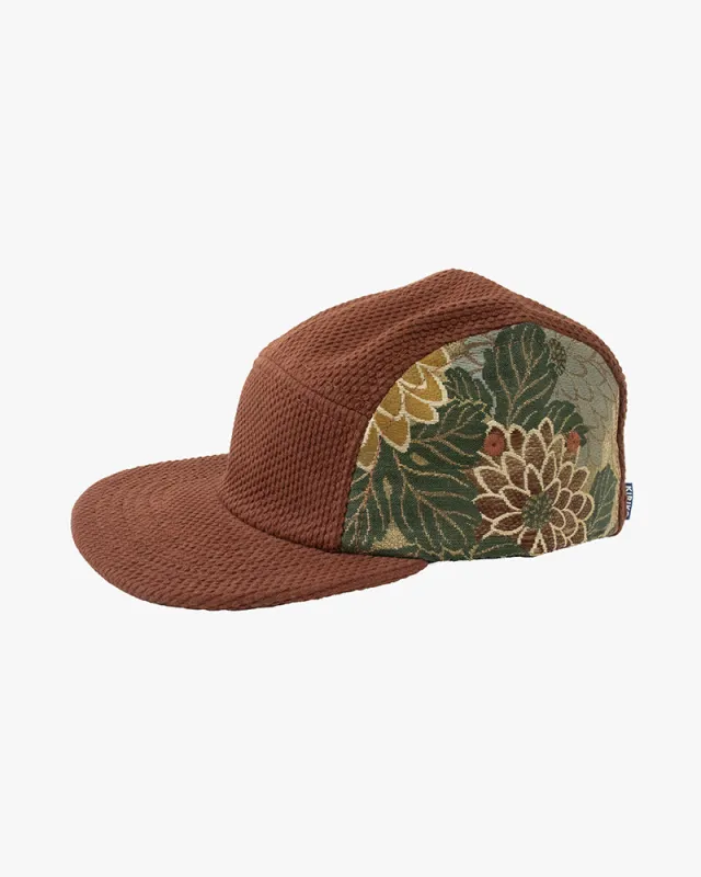 Kiriko Original Cap, 5-Panel, Sashi-Ori & Maru-Obi, Rust with Kiku and Foliage sold by Kiriko