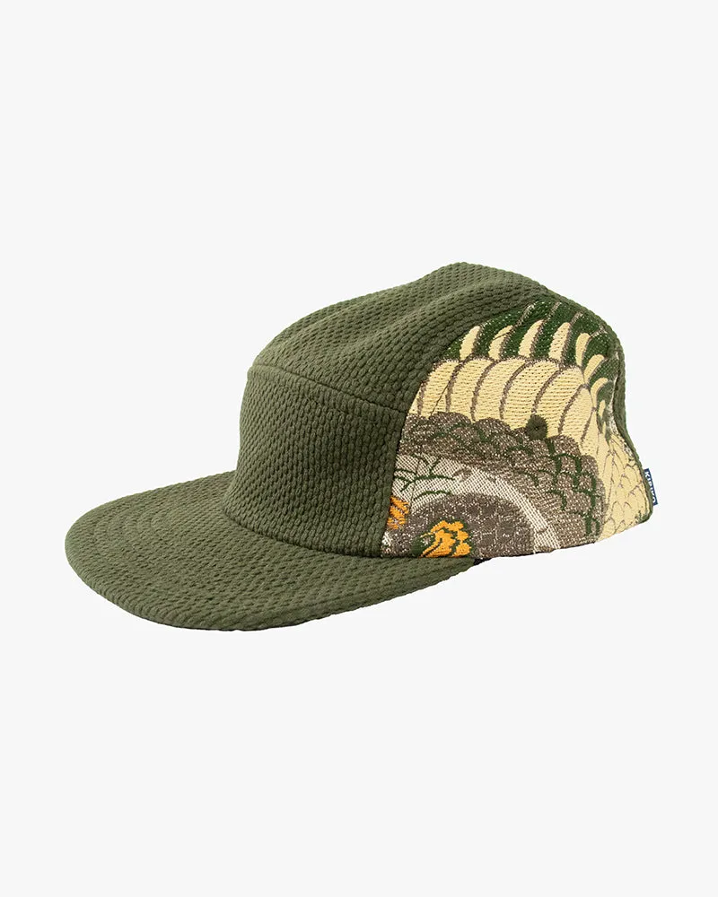 Kiriko Original Cap, 5-Panel, Sashi-Ori & Maru-Obi, Olive Green with Peacock and Multi Patterns sold by Kiriko
