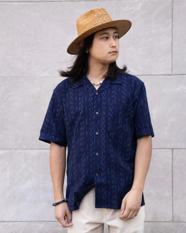 ToK Shirt, Short Sleeve Button-Up, Open Collar, Indigo Faded Shima sold by Kiriko