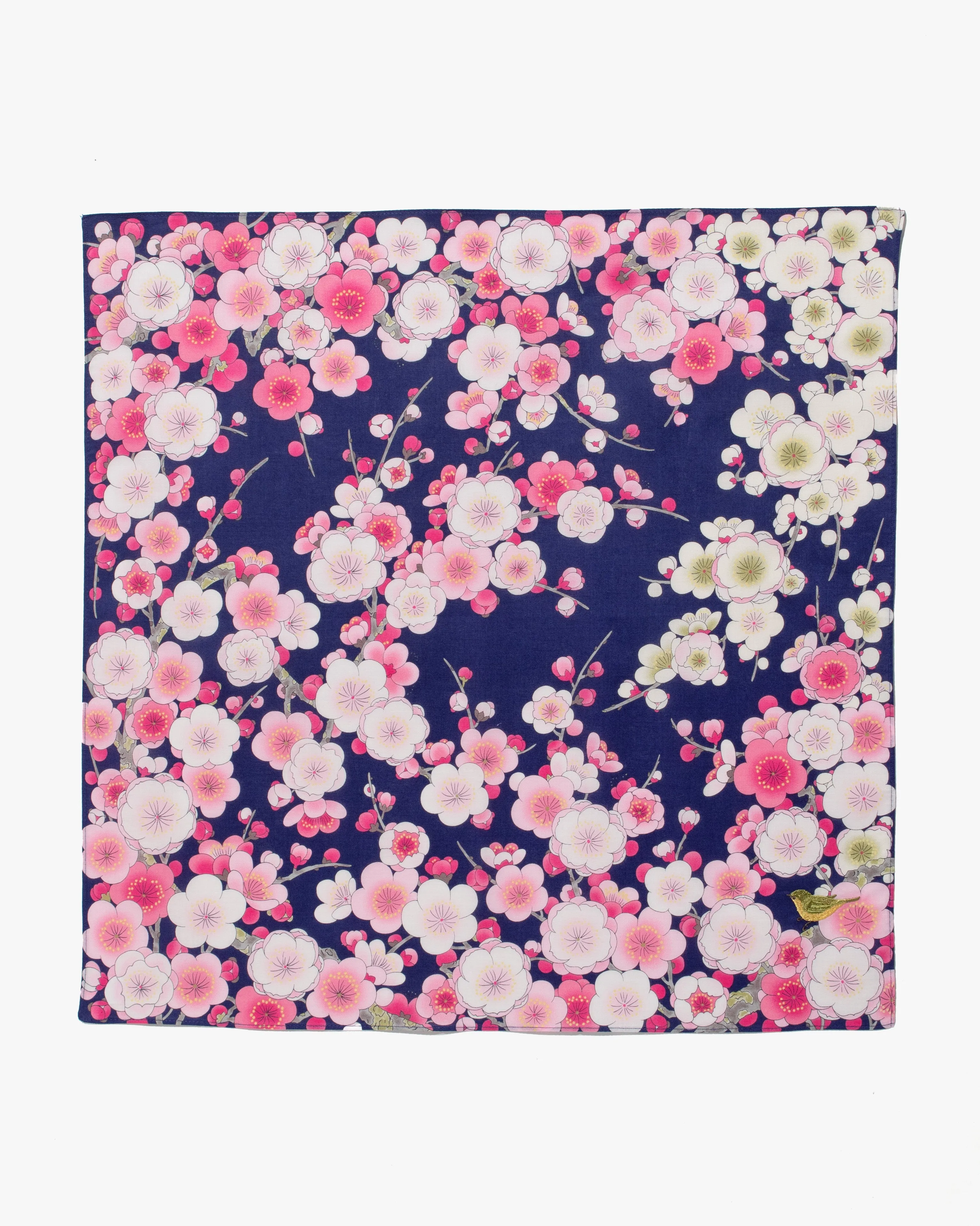 Japanese Handkerchief, Classic, Navy Plum Blossoms with Bird Embroidery sold by Kiriko product image thumbnail 3