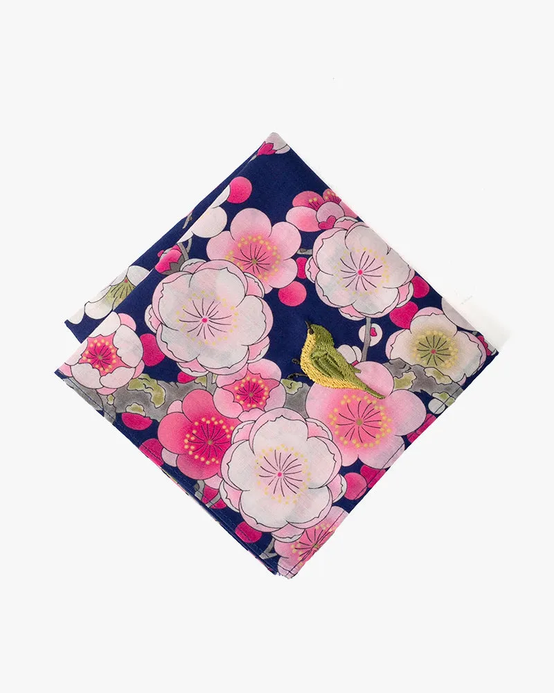 Japanese Handkerchief, Classic, Navy Plum Blossoms with Bird Embroidery sold by Kiriko