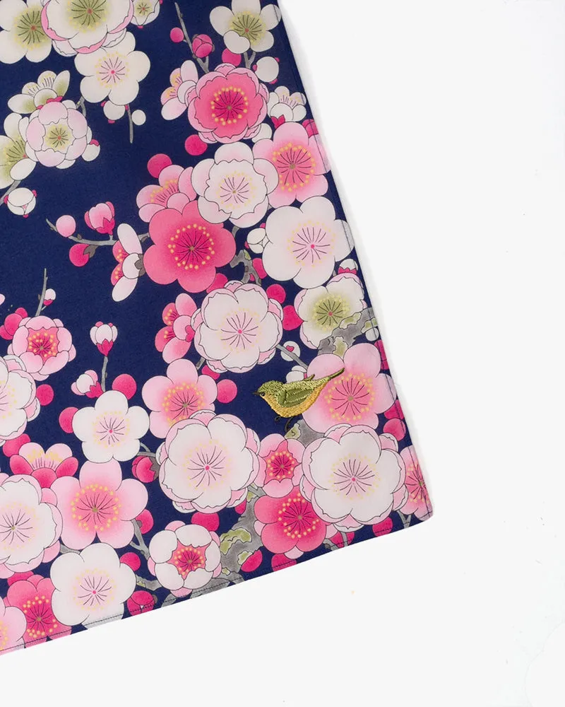 Japanese Handkerchief, Classic, Navy Plum Blossoms with Bird Embroidery sold by Kiriko product image thumbnail 2