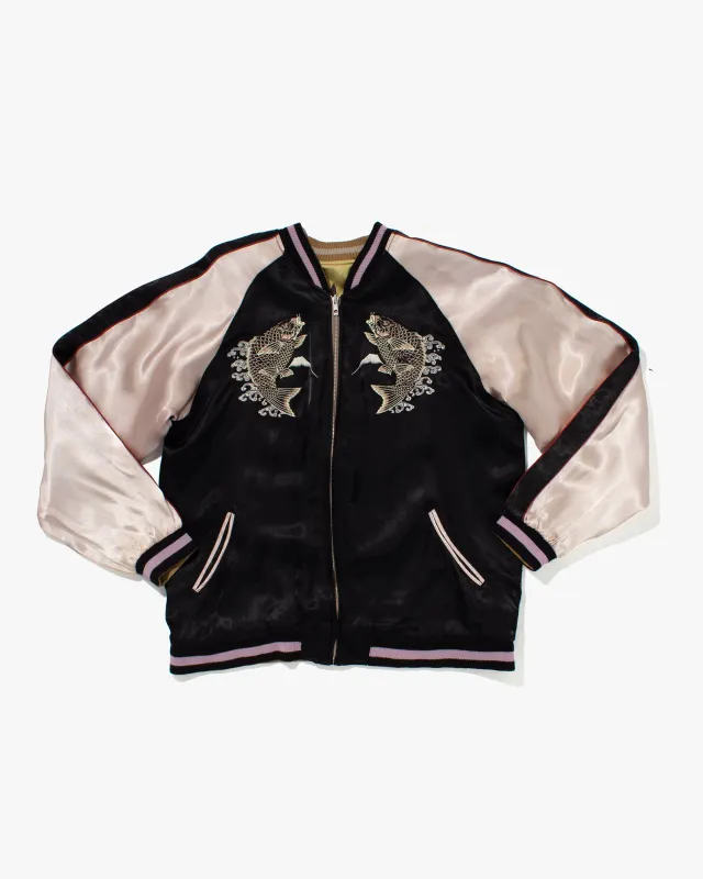 Japanese Repro Souvenir Jacket, Reversible, Black with Pink Carp Scene - XL sold by Kiriko