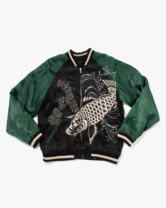 Japanese Repro Souvenir Jacket, Reversible, Black with Forest Green Carp - L sold by Kiriko