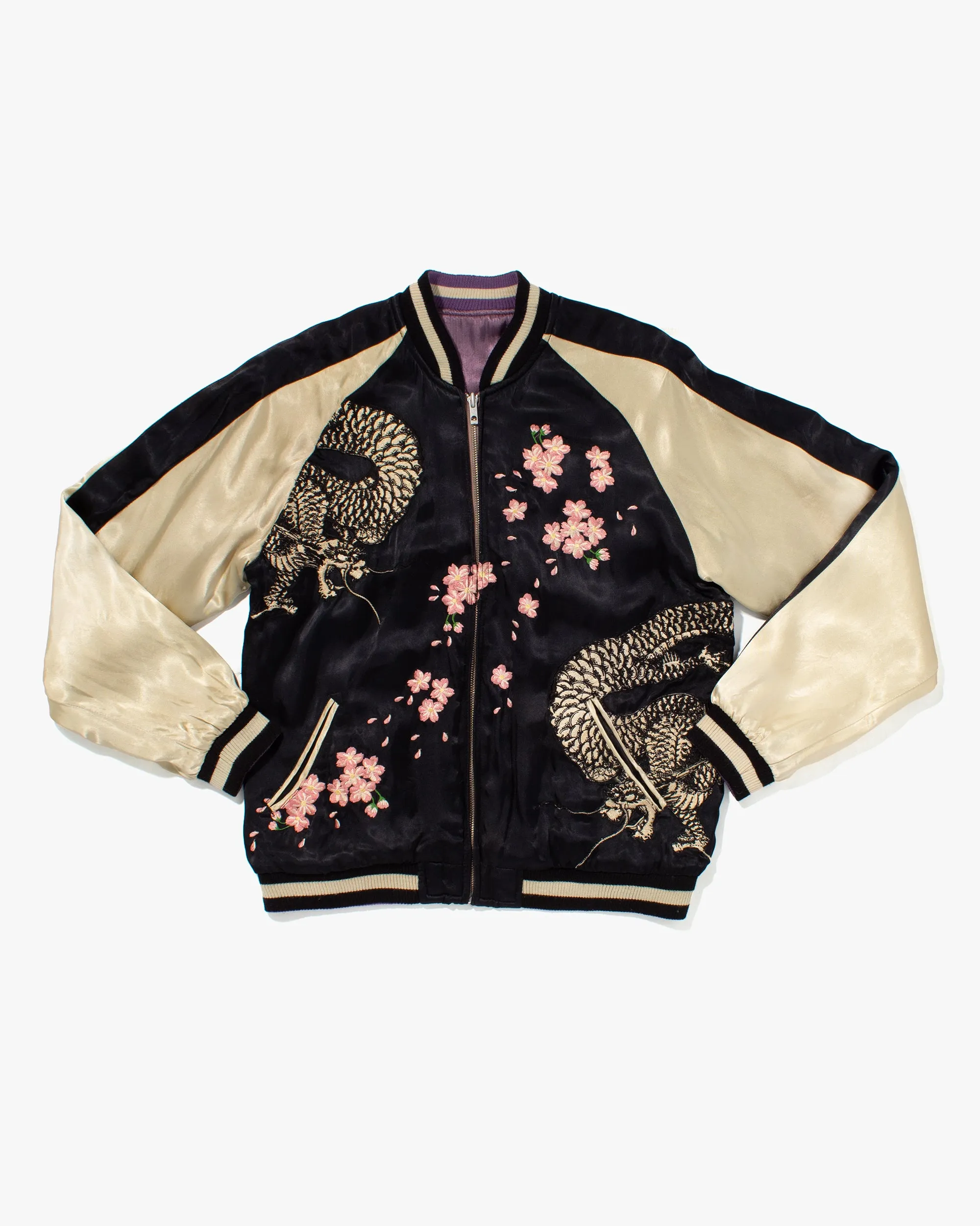 Japanese Repro Souvenir Jacket, Reversible, Black with Dragon and Sakura - M sold by Kiriko