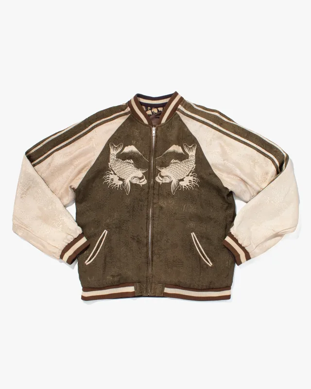 Japanese Repro Souvenir Jacket, Reversible, Olive Brown with Carp - L sold by Kiriko