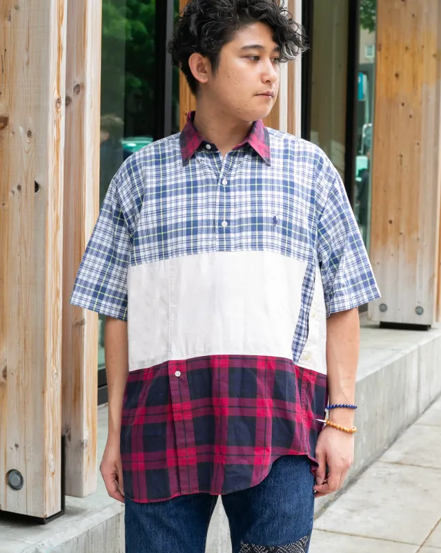 U.S. Vintage Button Up Short Sleeve Shirt, La Rocca, Blue and Red Plaid with Cream - M sold by Kiriko