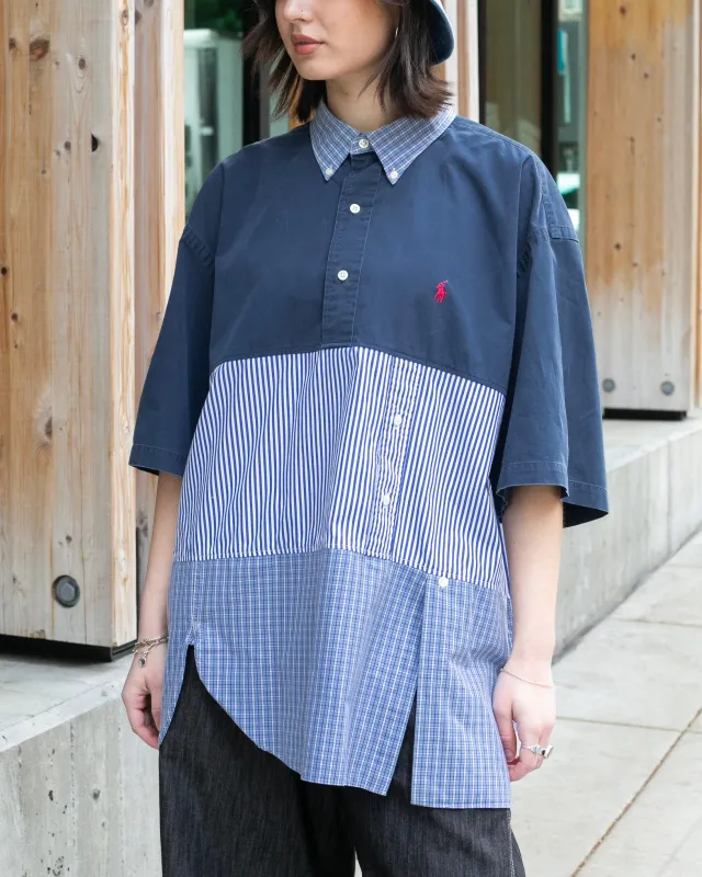 U.S. Vintage Button Up Short Sleeve Shirt, La Rocca, Blue with Blue Plaid and Stripes - XL sold by Kiriko