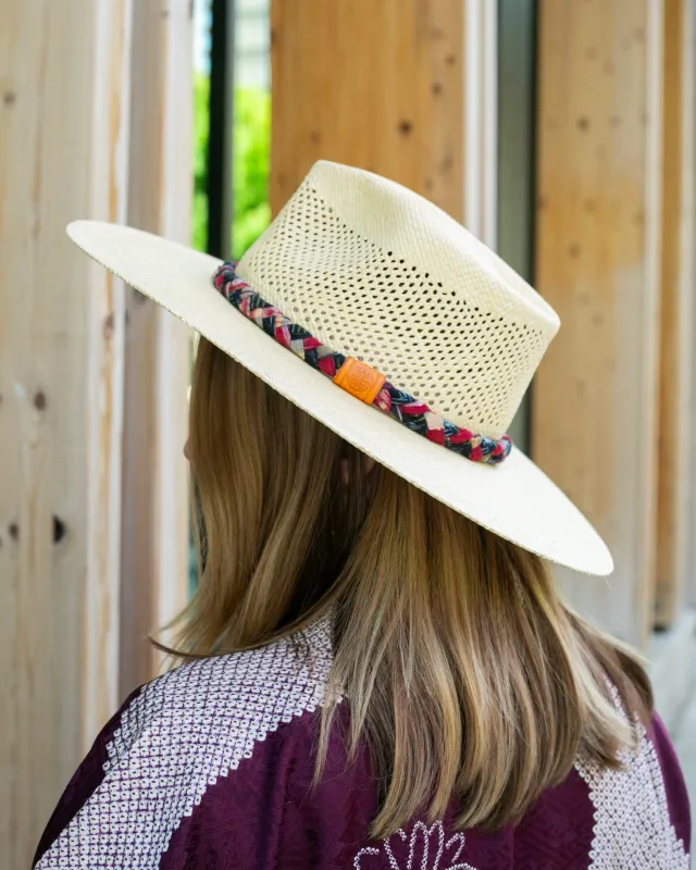 Kiriko Custom Panama Hat, Straw, Braided Indigo Katazome, Shades of Red and Orange Plaid sold by Kiriko