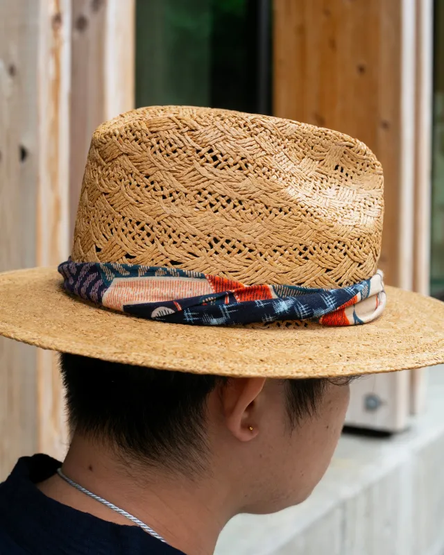 Kiriko Raffia Straw Panama Hat, Caramel, Twisted Indigo Katazome, Shades of Orange and Blue Colorblock made by Kiriko