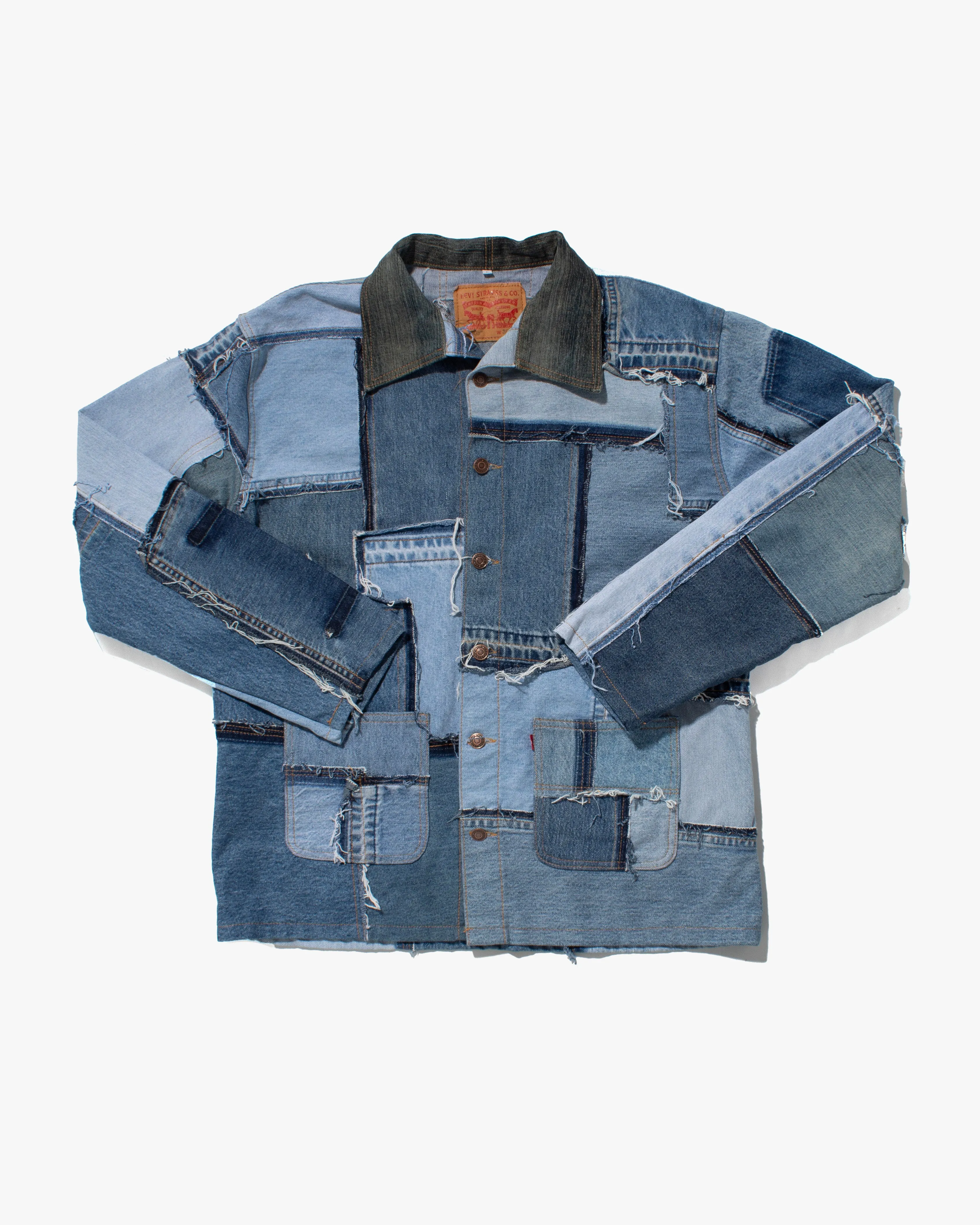 U.S. Vintage Patchwork Denim Jacket, Levi's, Medium Wash with Grey Collar - L sold by Kiriko