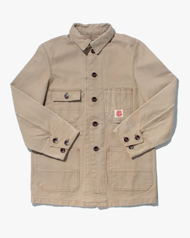 Japanese Repro Chore Coat, Indian Motorcycle Co., Tan with Red Accents - L sold by Kiriko