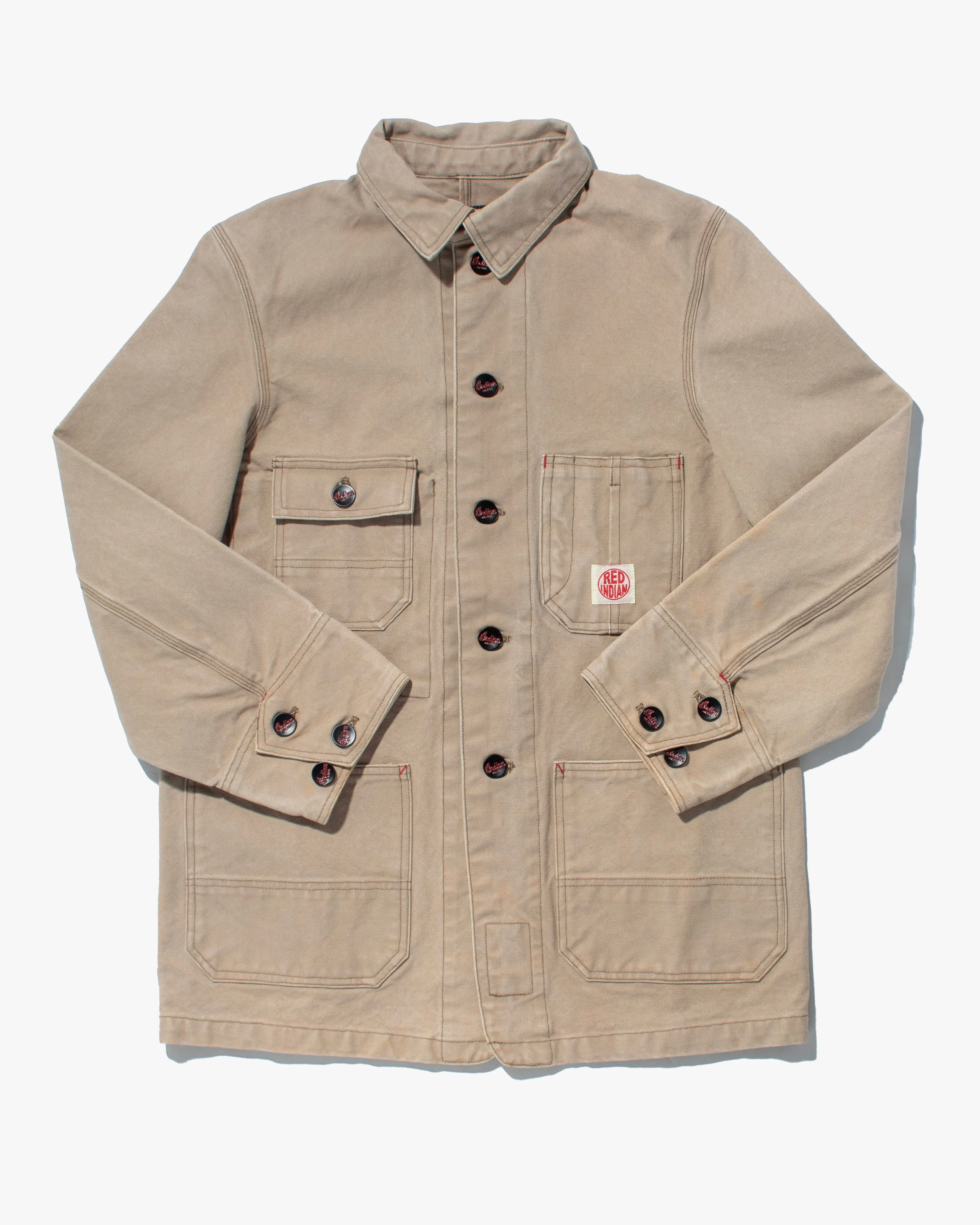 Japanese Repro Chore Coat, Indian Motorcycle Co., Tan with Red Accents - L sold by Kiriko