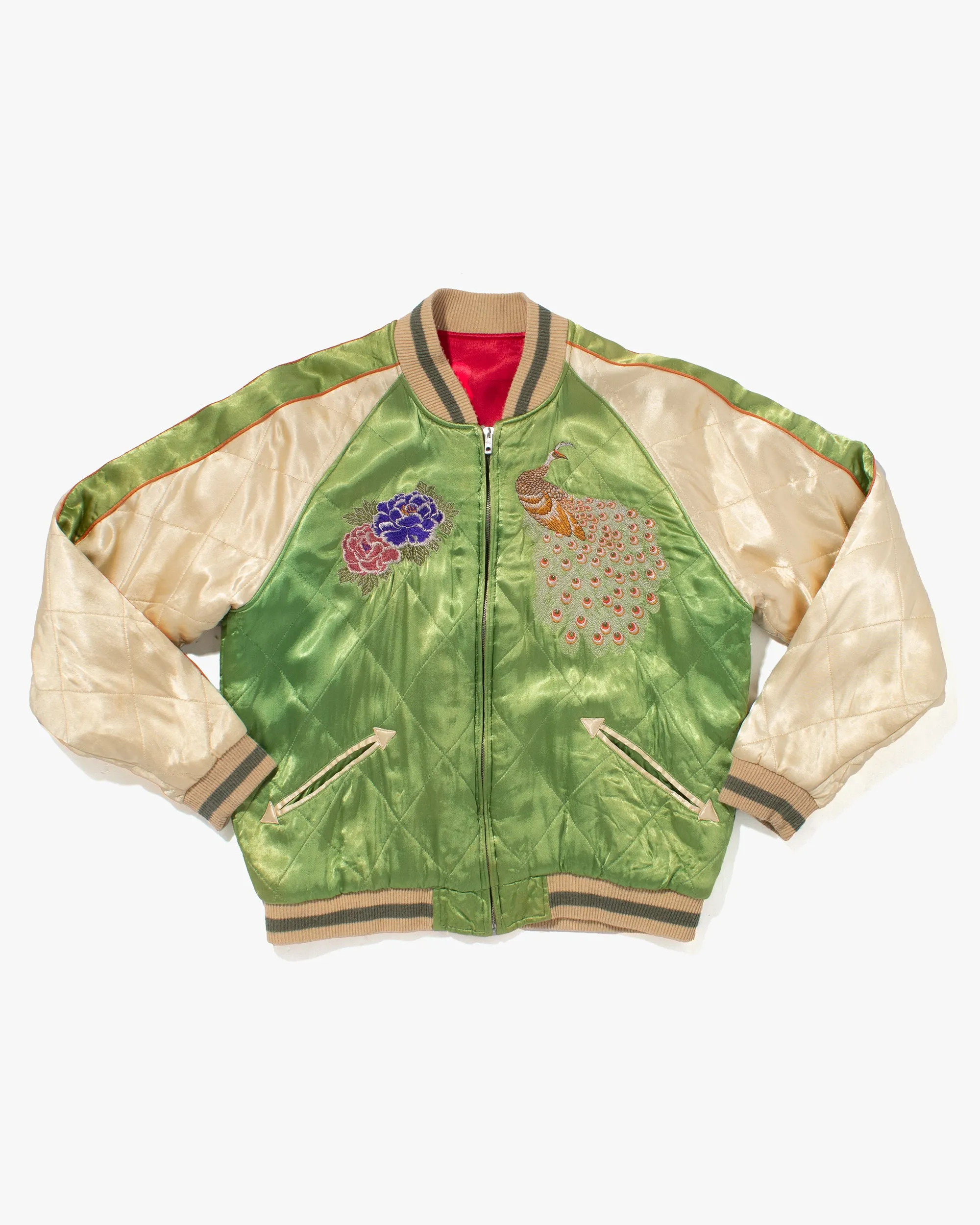 Japanese Repro Souvenir Jacket, Reversible, Green with Peacock and Tiger - M sold by Kiriko