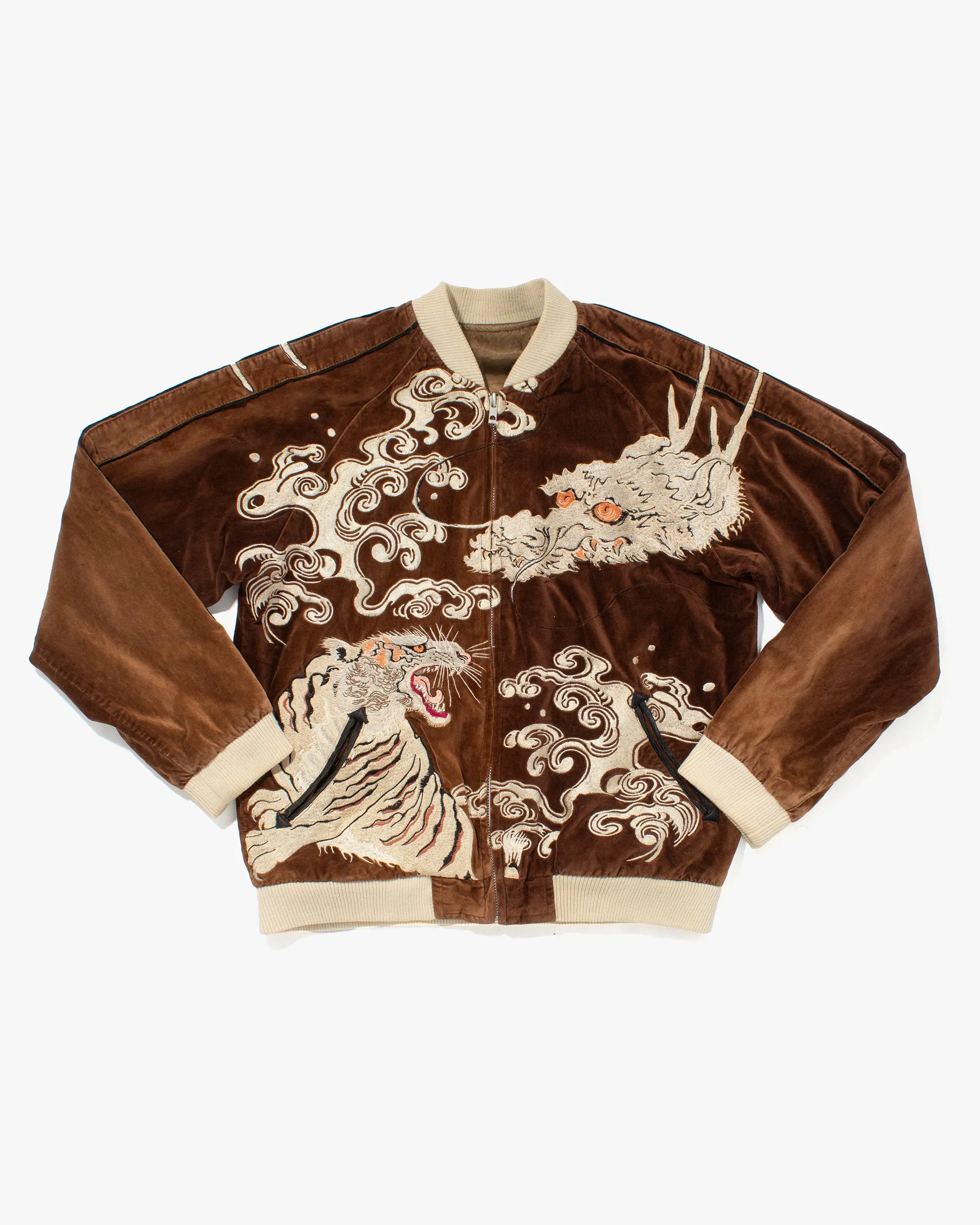 Japanese Repro Souvenir Jacket, Reversible, Brown Velour with Tiger and Dragon - M sold by Kiriko