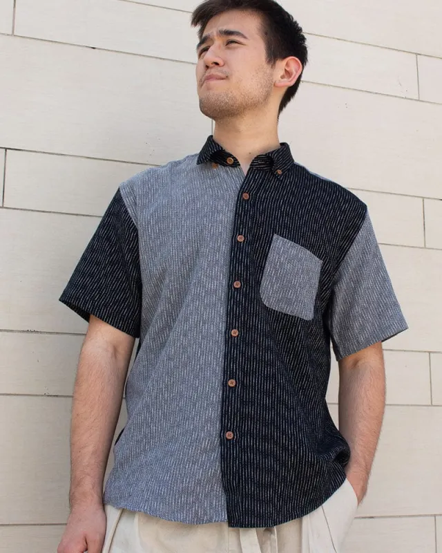 ToK Shirt, Short Sleeve Button-Up, Nashiji and Chijimi Black Color Block Shima sold by Kiriko