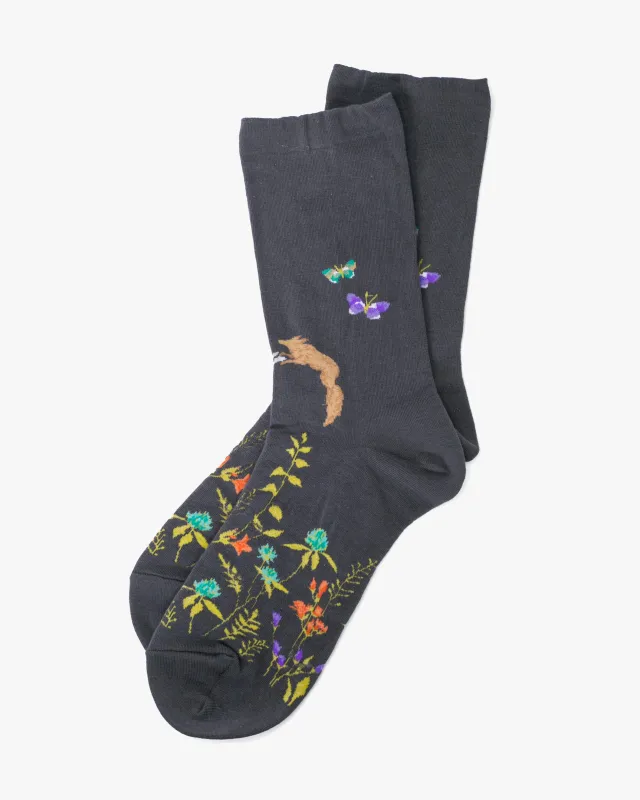 Debby Co. Crew Socks, Andeotte Collection, Botanical Dance Charcoal sold by Kiriko