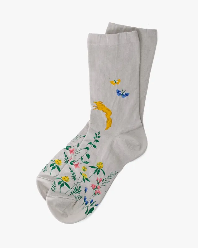 Debby Co. Crew Socks, Andeotte Collection, Botanical Dance Gray sold by Kiriko