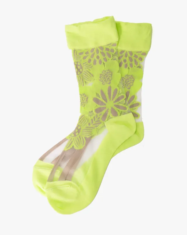 Debby Co. Crew Socks, Andeotte Collection, Yellow/Green Flower sold by Kiriko
