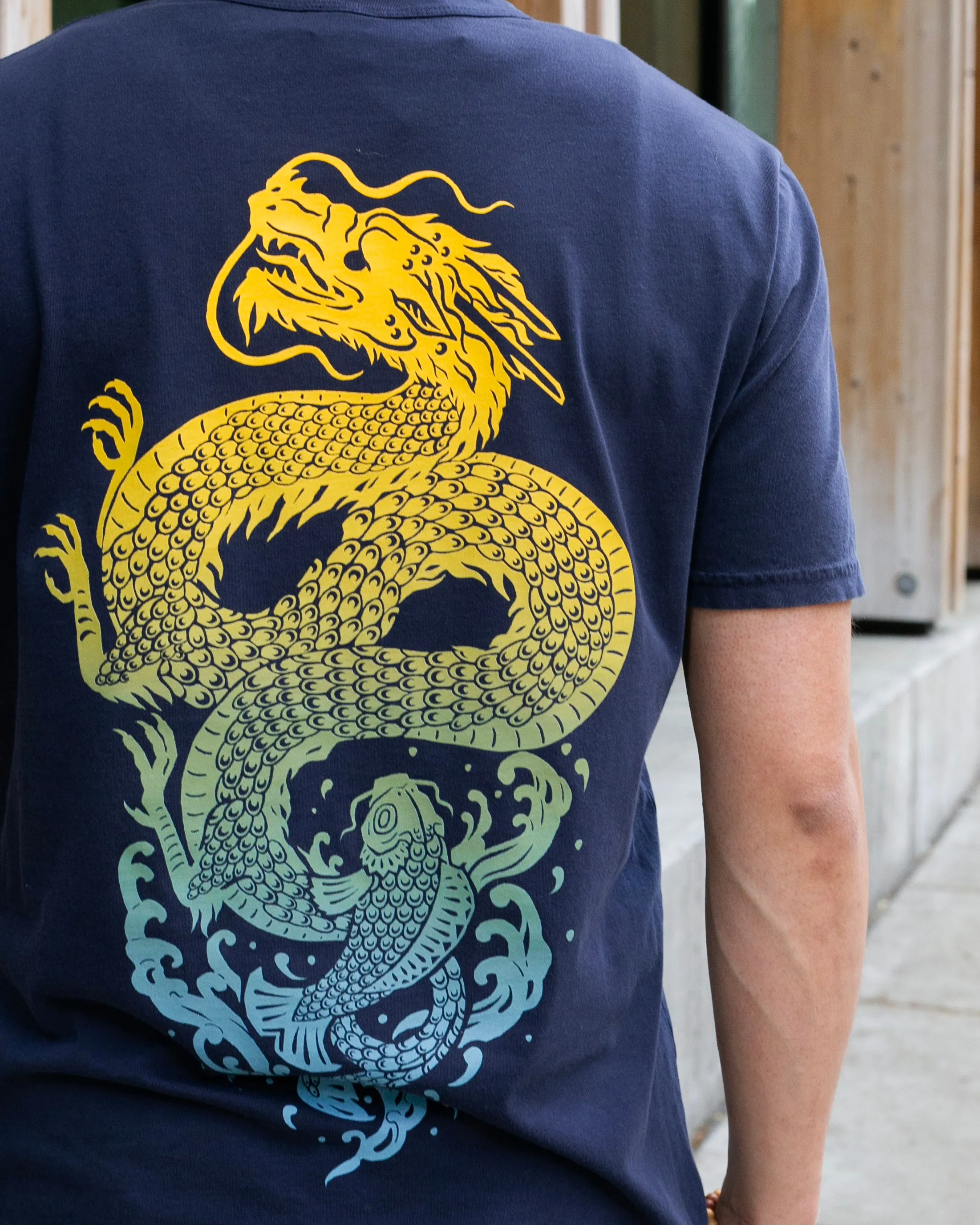 Kiriko Original Tee, 6 oz Cotton, Navy with Yellow Gradient Koi-Dragon sold by Kiriko product image thumbnail 5