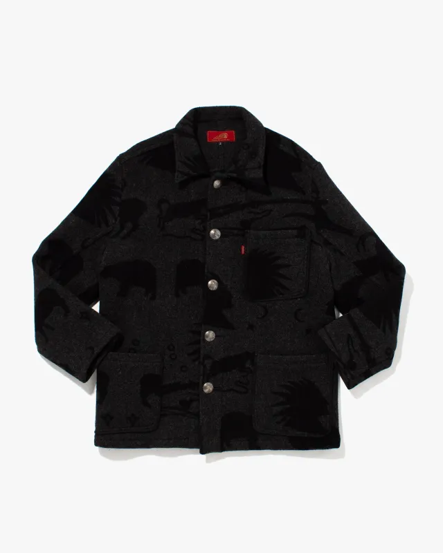 Japanese Repro Wool Coat, Indian Motorcycle Co., Grey with Black Animals - M sold by Kiriko