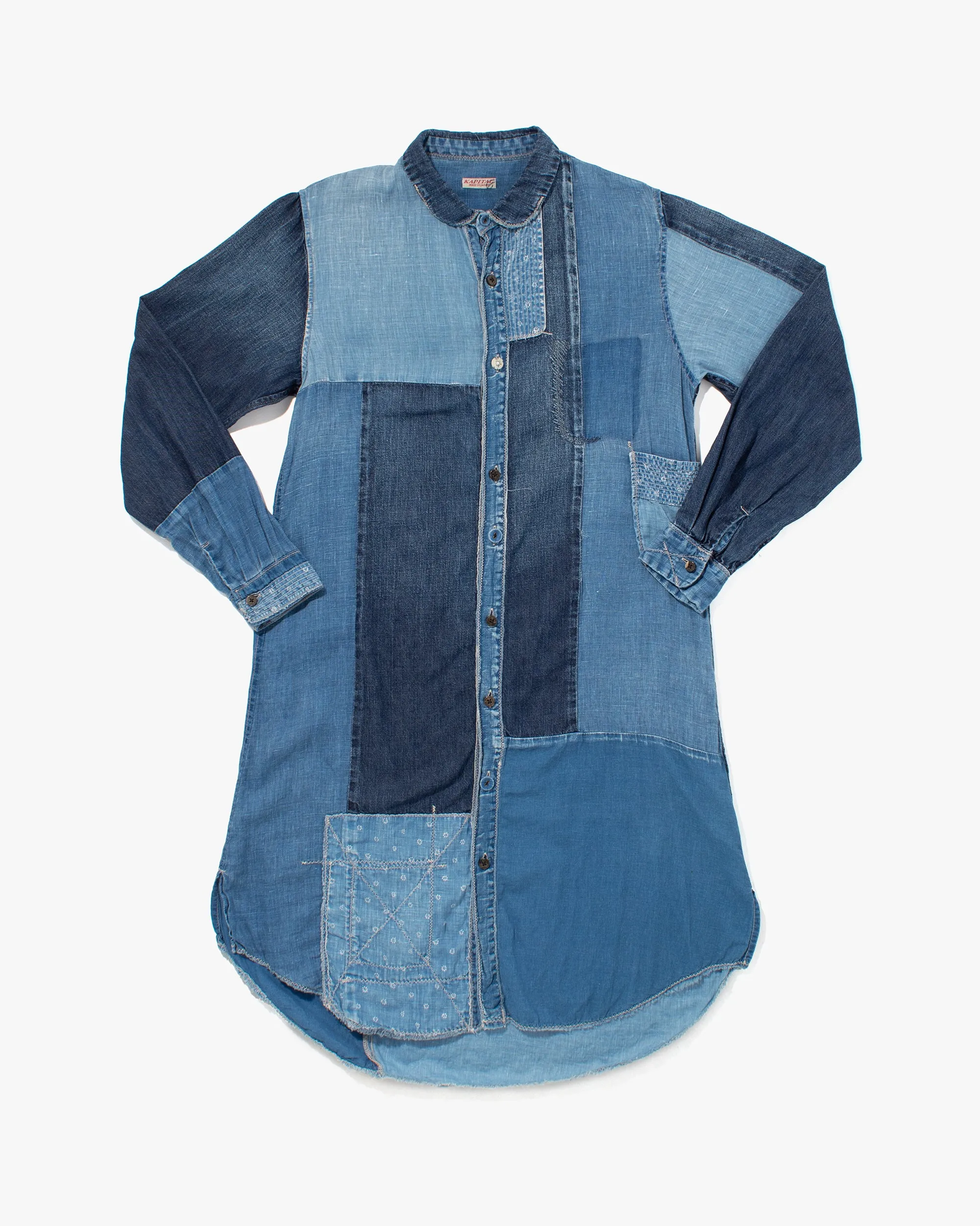 Japanese Repro Button Up Denim Dress, Kapital, Patchwork Denim - S sold by Kiriko