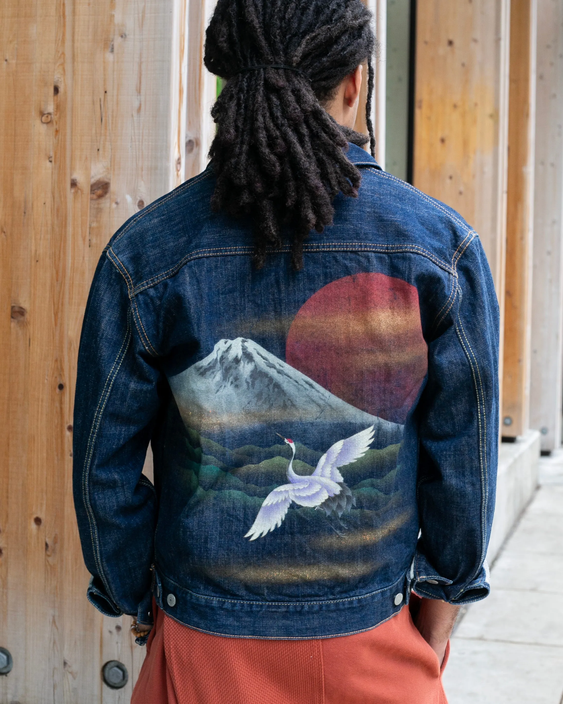 Japanese Repro Type I Denim Jacket, Zen Clothing, Hand Painted Scene - L sold by Kiriko