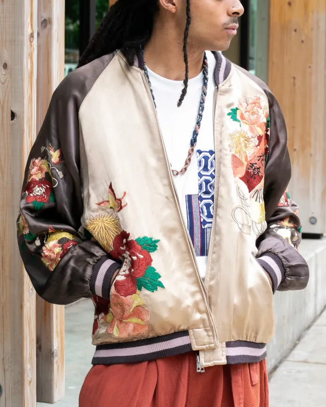 Japanese Repro Souvenir Jacket, Reversible, Taupe with Flowers - XL sold by Kiriko