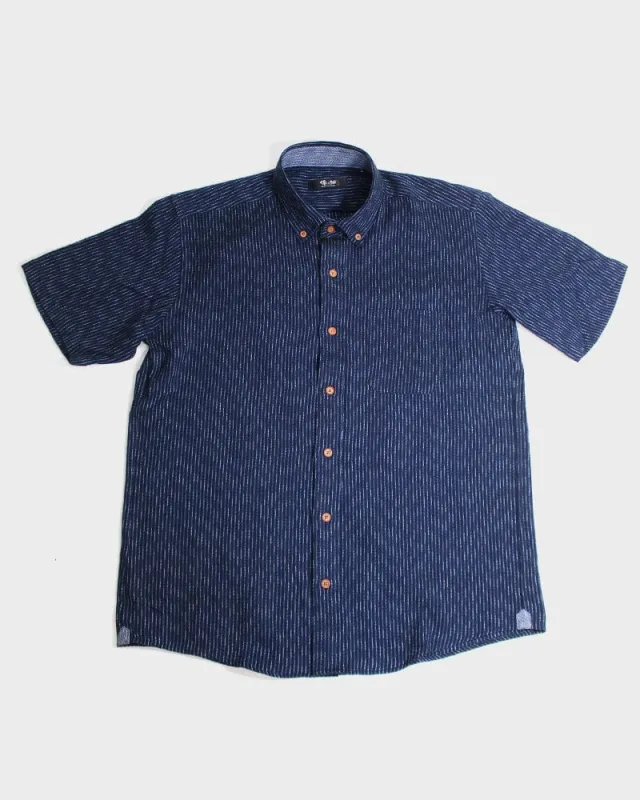 ToK Shirt, Short Sleeve Button-Up, Chijimi, Indigo with Faded Shima sold by Kiriko