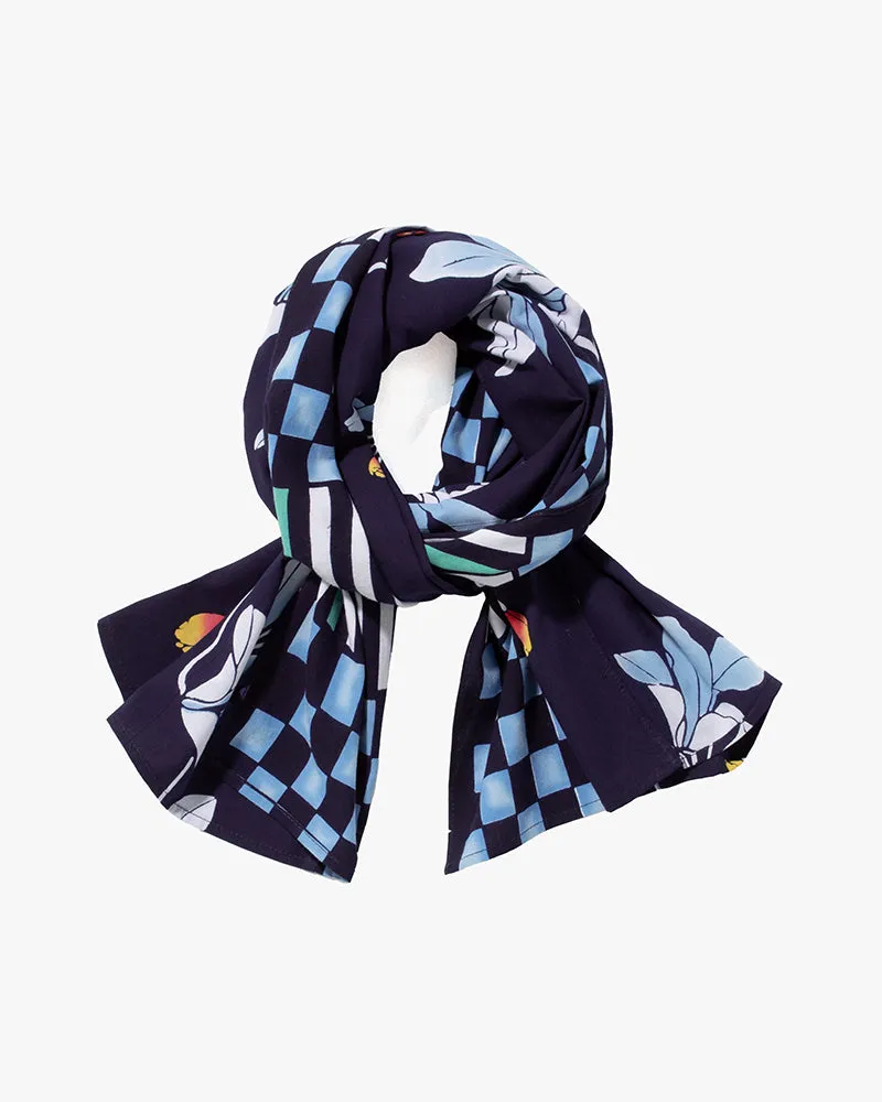 Kiriko Original Scarf, Split Yukata, Navy with Multicolor Ichimatsu, Take, and Flowers sold by Kiriko