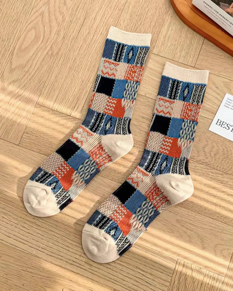 Tourtiwi, Retro Stitching Contrast, Mid-Calf Socks sold by Kiriko