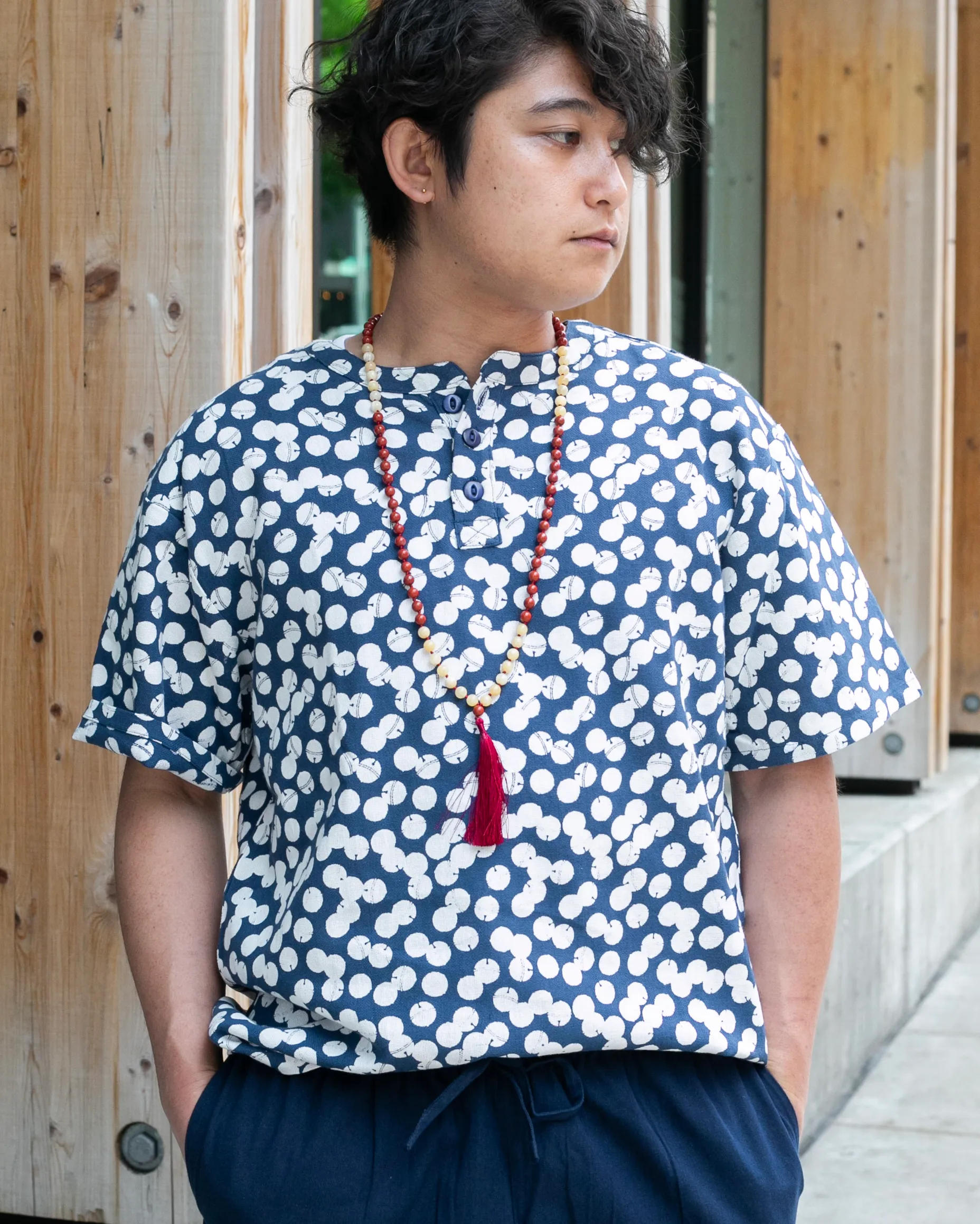 Wa-Modern, Short Sleeve Button Up Tunic, Blue sold by Kiriko