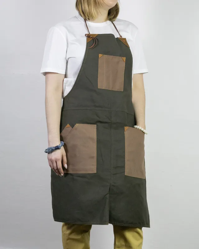 Kokoro Original Work Apron, Full, Canvas Two-Tone, Brown Pocket on Olive sold by Kiriko