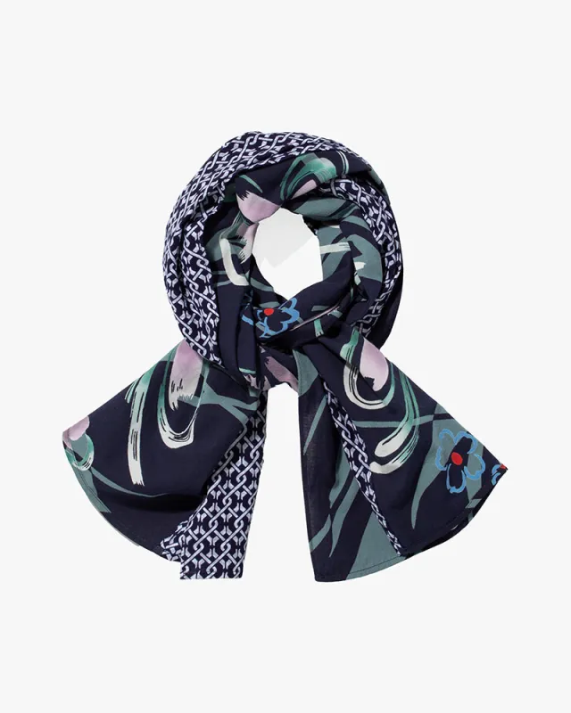 Kiriko Original Scarf, Split Yukata, Navy Shima and Purple Flowers sold by Kiriko