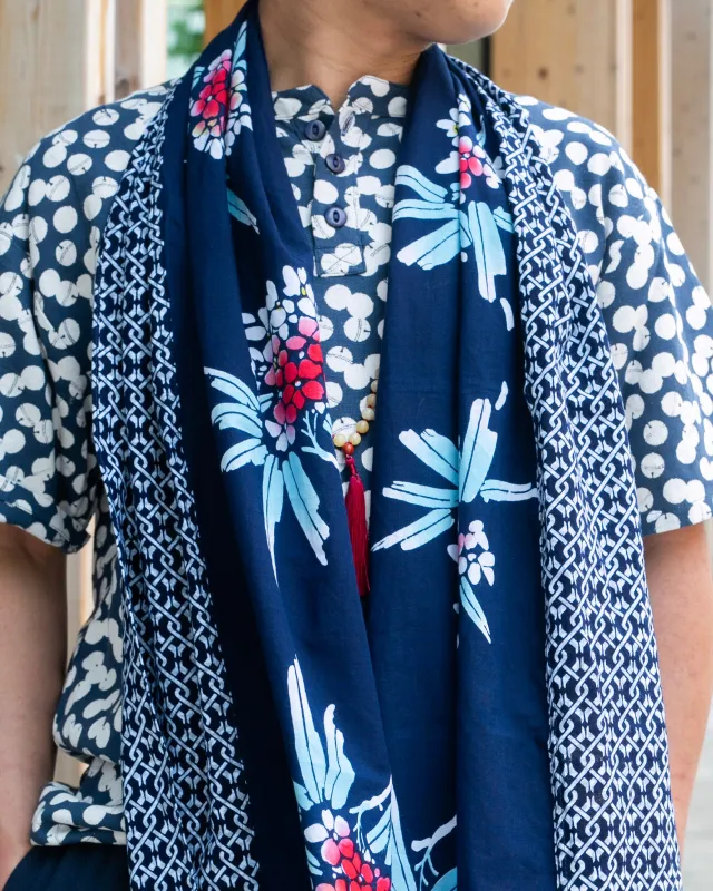Kiriko Original Scarf, Split Yukata, Navy with Shima and Red Hydrangeas sold by Kiriko
