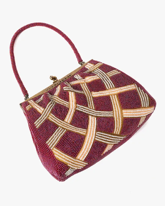 Vintage Bag, Purse, Beaded, Burgundy with White and Gold Hishi sold by Kiriko