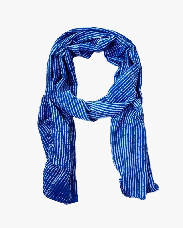 Ichcha, Indigo Blue Beach Life Stripe, Block Printed Scarf sold by Kiriko
